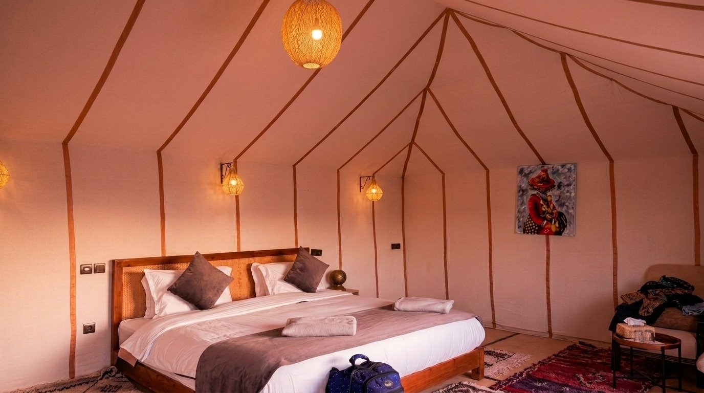 Majestic Dream luxury family tent interior, Camp Sakura desert camp Erg Chebbi