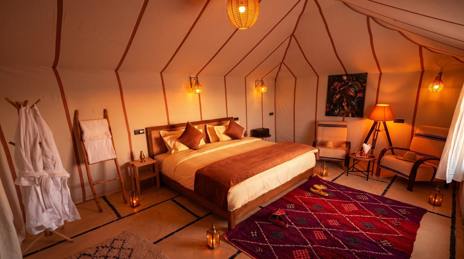 Saba Queen luxury couples tent interior with double bed, Camp Sakura desert camp Erg Chebbi